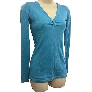 Michael Stars Shine Long Sleeve V Neck Ruched Bust Teal Blue Metallic Top OS